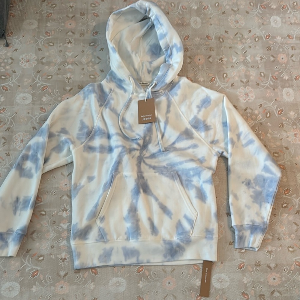 Reformation Tanner Classic Hoodie Tie dye blue white tornado XS NWT